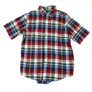 Lands End Shirt Mens L Short Sleeve Plaid Red Green Blue Button Front